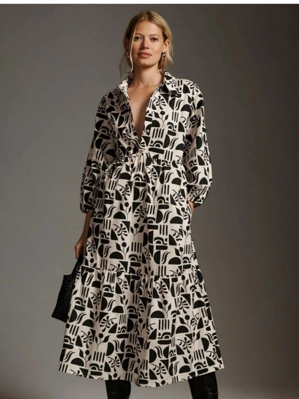 Anthropologie The Bettina Black & Cream Graphic Print Maxi Shirt Dress, size XS.